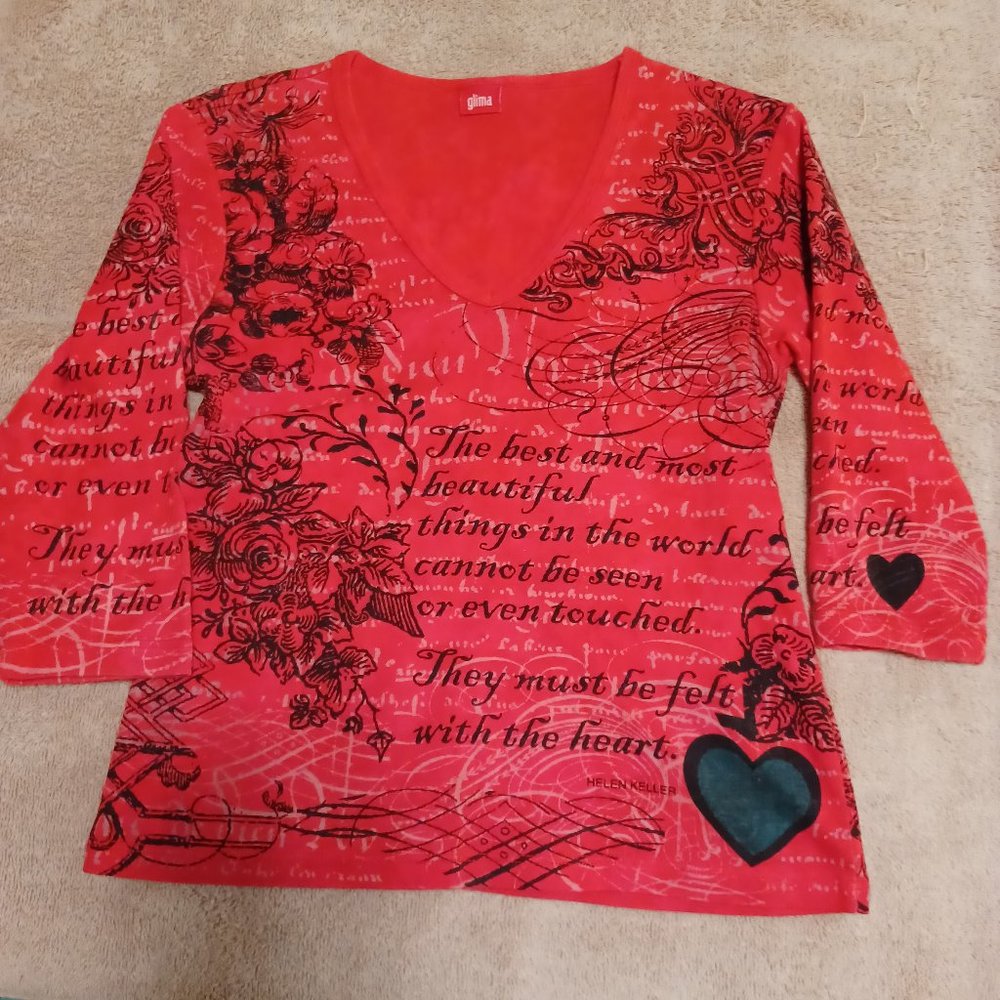 vintage Glima shirt, 3/4 sleeves, red hearts Hellen Keller, women's S